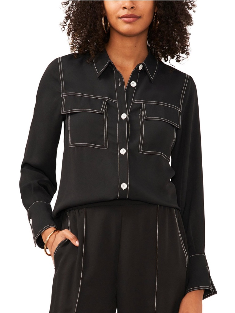 Womens Vince Camuto Black Contrast-Stitch Button-Front Shirt XS ✨BRAND NEW✨